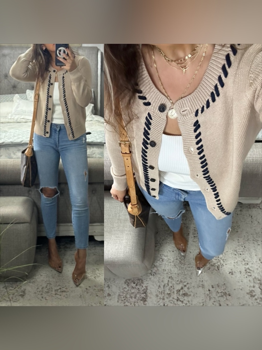 New🤎Tan & Navy Whipstitch Button Front Cardigan